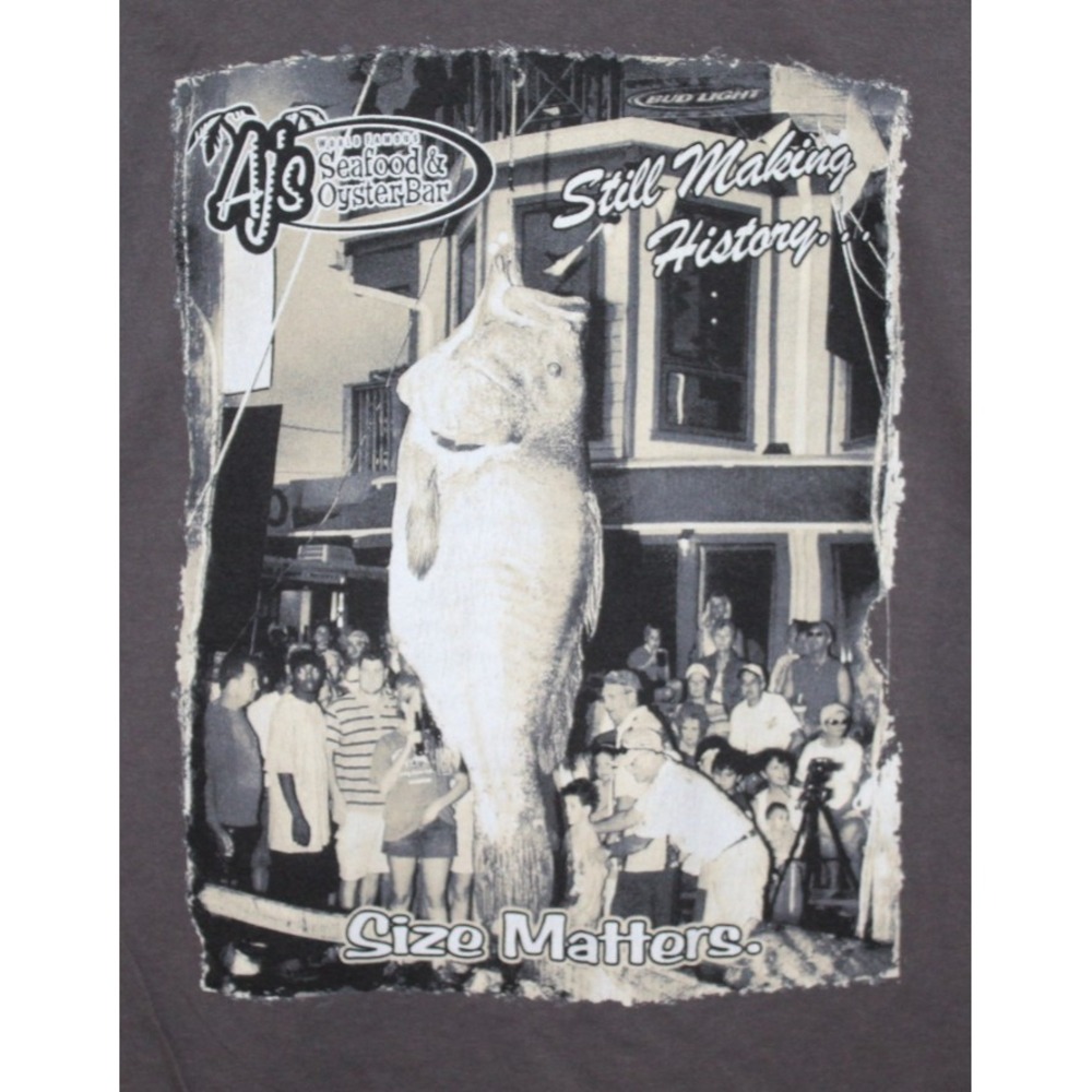 AJ's Seafood & Oyster Bar Destin Florida Size Matters T Shirt Large Gray Fishing